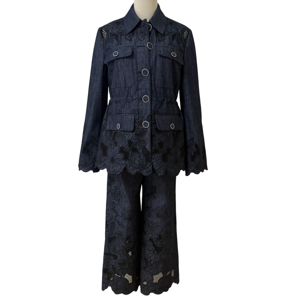 Veronica Beard Kiki Eyelet Jacket Navy Chambray Cinched Field Jacket - Picture 8 of 12